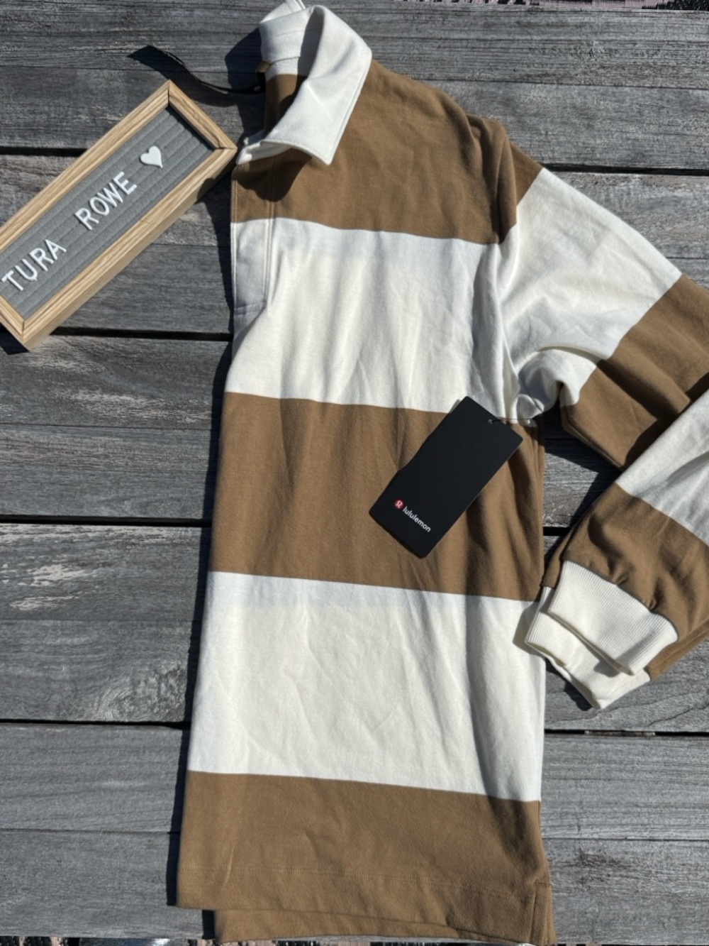 Lululemon Long Sleeve Cotton Rugby Shirt Camel Brown Ivory Stripe Size XL NWT